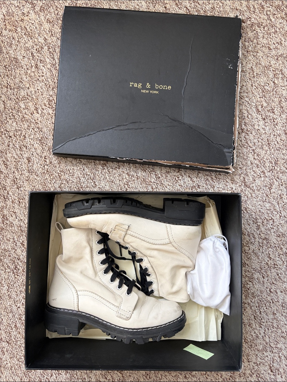 rag & bone Ivory Leather Lace-Up Combat Boots with Black Soles